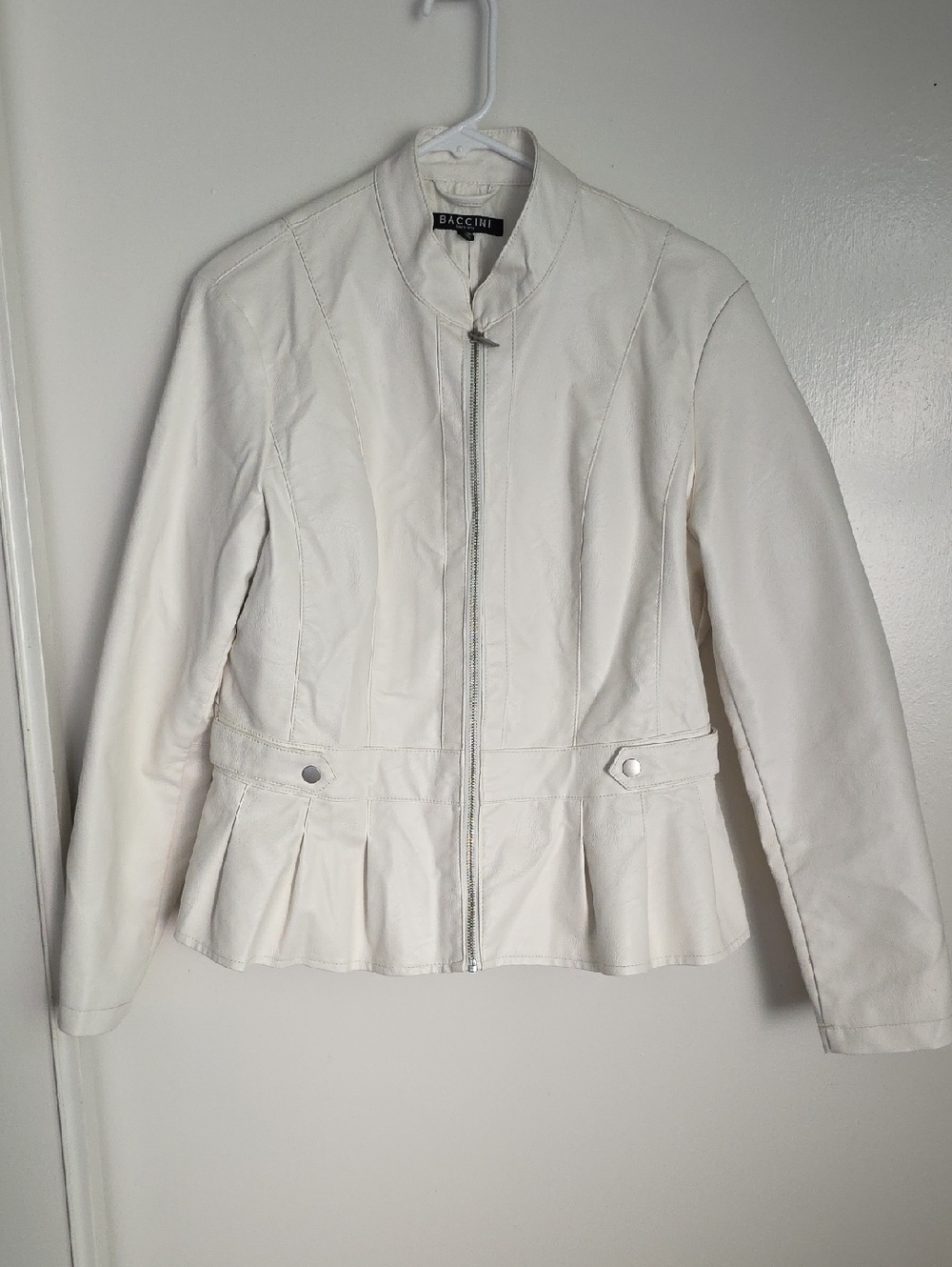 Baccini Women's White Peplum Zip-Front Leather Jacket